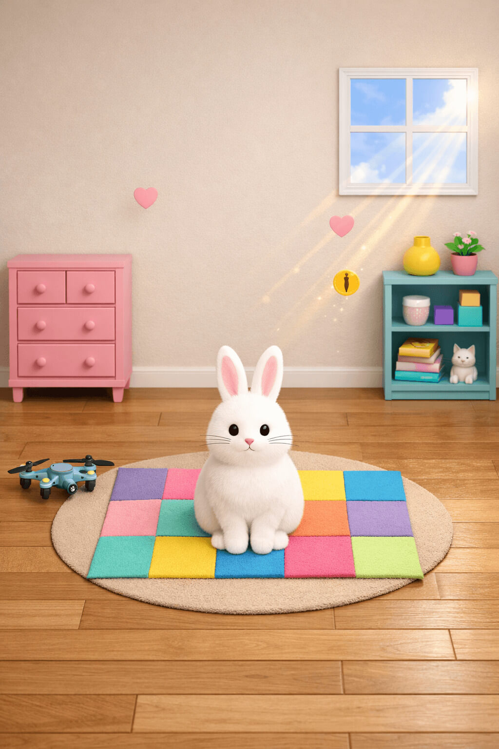 rabbit breeding game 3D room with white rabbit on patchwork rug